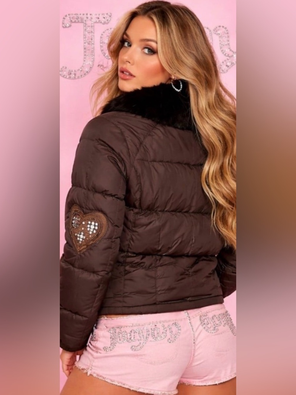 Juicy Couture Vintage Brown Y2K Rabbit Fur Trim Puffer Jacket Womens Size S